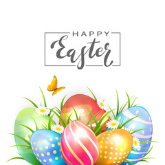 Poster - Colored Easter Eggs and Butterfly on White Background