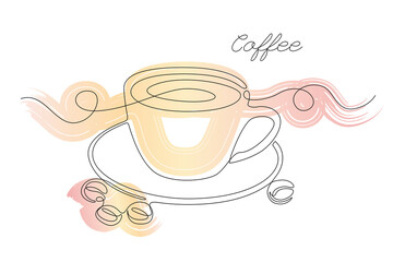 Wall Mural - Continuous one line drawing of cup coffee with coffee bean. Simple modern line art with abstract pastel brushstroke for menu, logo, cafe, emblem, banner, card, prints, posters. Vector illustration