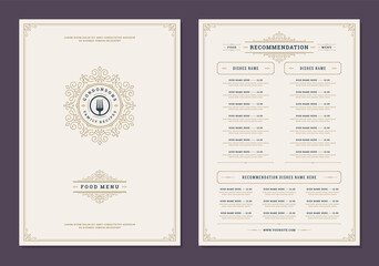 Menu design template with cover and restaurant vintage logo vector brochure.