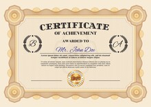 Certificate Of Achievement And Diploma Appreciation Template, Vector Honor Award Frame Border. Business Or Education Achievement Certificate With Golden Star And Honor Stamp On Watermark Template