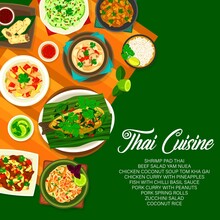 Thai Food And Thailand Cuisine Poster, Asian Restaurant Menu Cover, Vector. Traditional Thai Food Dishes And Meals With Spicy Curry Chicken, Coconut Soup Tom Kha, Pad Thai Noodles And Coconut Rice
