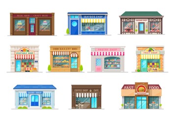 Poster - Building vector icons of store, shop and fast food restaurant, bakery, cafe and grocery with storefront windows, awnings and signboards. Isolated cartoon buildings of pastry, coffee, fruit, beer shops