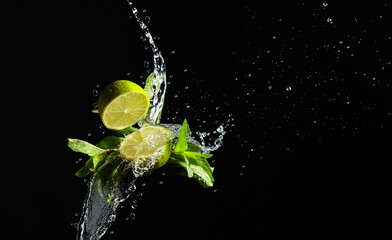 Lime, mint, and water splashes on a black background.