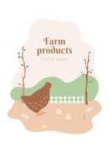 Farm Products Branding Concept With Poultry. Chicken With Nestling Walks On Land Field. Corral For Livestock. Trees On An Abstract Background, Hills, Fence. Textured Shapes And Text, Vector
