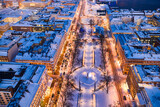 Fototapeta Miasto - Aerial view of Esplanade park with Christmas decoration. Aerial view of snow-covered Helsinki, Finland.