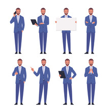 Business Man Positive Emotions. Vector Illustration Of Young Adult Smiling Man In Blue Business Suit Who Stands In Different Poses. Isolated On White 