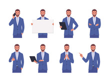 Business Man Positive Emotions. Vector Illustration Of Young Adult Smiling Man In Blue Business Suit Who Stands In Different Poses. Isolated On White