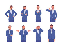 Businessman Negative Emotions Set. Vector Illustration Of A Young Adult Man In A Blue Business Suit Who Shows Various Negative Emotions And Feelings By Poses And Gestures. Isolated On White 