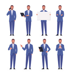 Wall Mural - Business man positive emotions. Vector illustration of young adult smiling man in blue business suit who stands in different poses. Isolated on white 