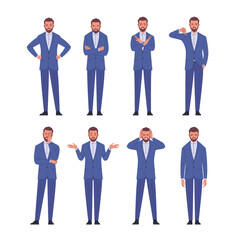 Businessman negative emotions set. Vector illustration of a young adult man in a blue business suit who shows various negative emotions and feelings by poses and gestures. Isolated on white 