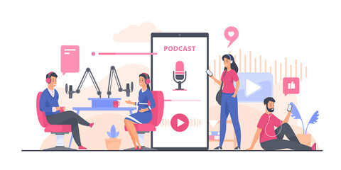 Podcast concept. People recording and listening audio podcast. Male and female cartoon characters in headphones making and listen online audio radio streaming. Vector illustration