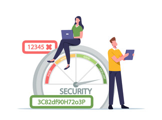 Poster - woman with laptop and man with tablet at scale of password security range with poor, average, good a