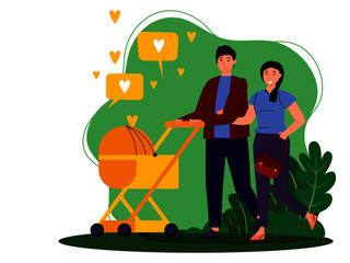 dad and mom with baby stroller illustration