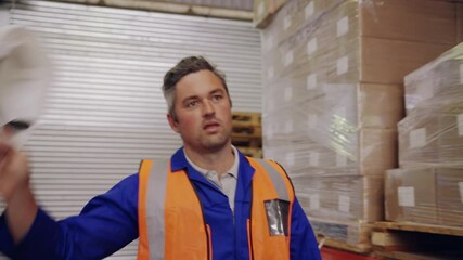 Wall Mural - Male warehouse worker removes the hardhat from head after placing the cardboard box and walks in the large distribution warehouse