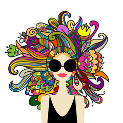 Wall Mural - Floral female portrait, pretty woman in sunglasses. Design for fashion cards, banners, posters