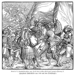 Lansquenets foot-soldiers of Holy Roman Emperor Charles V on the battlefield of the Italian wars against the French king Francis I, engraving by Hans Leonhard Schaeufelein, 1520