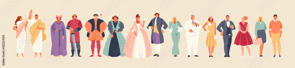 Development of fashion from ancient times to the present. Clothes and costume history vector illustration - obrazy, fototapety, plakaty 