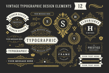 Poster - Vintage typographic decorative ornament design elements set vector illustration