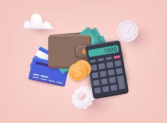 Budget management concept. Economy background with billfold and calculator. 3D Web Vector Illustrations.