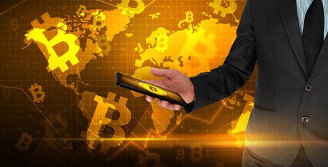 Poster - Modern Bitcoin mobile concept with man holding mobile in hand. Abstract bitcoin mining from mobile concept