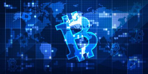 Poster - Abstract Glowing Bitcoin Technology backdrop with world map background. New modern crypto wallpaper