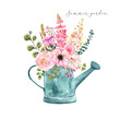Watercolor spring floral bouquet in a watering can illustration, isolated on white background. Bunch of blush pink flowers, greenery and foliage. Easter card, wedding invitation.