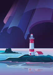 Wall Mural - landscape with lighthouse in the night. seascape with aurora borealis in vertical orientation.