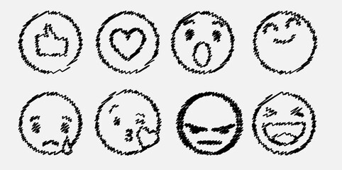 Poster - Hand drawn ink emojis faces. Vector doodle emoticons sketch, ink brush icons of happy sad funny face, design template illustration