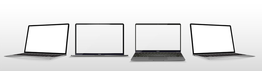 Poster - Great collection laptop from different angles and position. Notebook with blank screen. Mockup generic 3D Realistic devices. Side, top view and isometric. Set laptop for presentation product. Vector