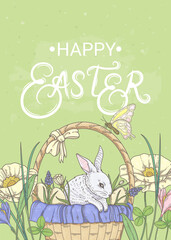 Poster - Happy Easter. Banner with bunnies and spring flowers