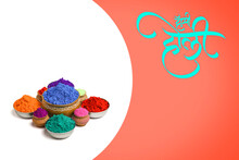 Indian Festival Holi Concept Multi Color's Bowl With Colorful Background And Writing Happy Holi In Marathi Calligraphy.
