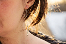 Female Ear Wearing Long Labradorite Mineral Stone Earring