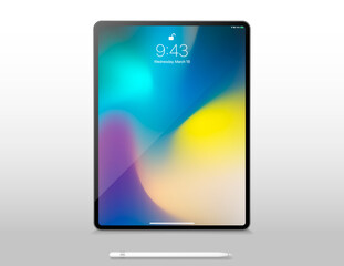 Poster - Realistic tablet computer lock screen with abstract colored geometric wallpaper. Big and small modern tablet PC design isolated on transparent background. Vector Illustration