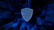 © RocknRoller Studios - Security Technology Concept with shield symbol against a Futuristic, Blue Digital Grid background. Network Tech Wallpaper. 3D Render