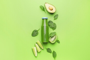 Wall Mural - Composition with bottle of healthy green smoothie and ingredients on color background