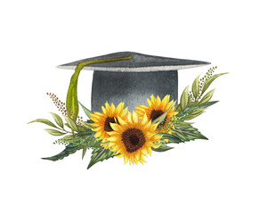 Wall Mural - Watercolor graduation cap with sunflower wteath. Hand drawn school illustration. Grading