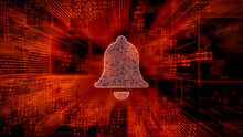 Alert Technology Concept With Bell Symbol Against A Futuristic, Orange Digital Grid Background. Network Tech Wallpaper. 3D Render 