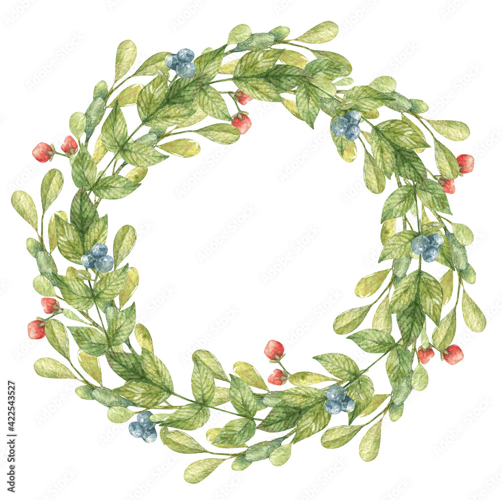 Watercolor illustration of a green leafy wreath with blue and red ...