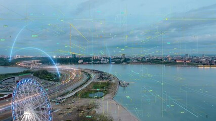 Poster - Smart City Aerial Drone Footage Hologram Information Arches Forming During Network Communication Futuristic Network and Technology 5G Drone Low Light 4k. Video loop, time lapse