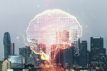 Poster - Double exposure of creative human brain microcircuit hologram on Los Angeles office buildings background. Future technology and AI concept