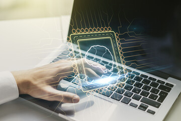 Poster - Creative artificial Intelligence concept with human brain hologram and hands typing on laptop on background. Multiexposure