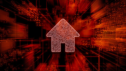 Internet Technology Concept with home symbol against a Futuristic, Orange Digital Grid background. Network Tech Wallpaper. 3D Render 