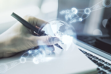 Poster - Creative concept of robotics technology with globe sketch and hand writing in notebook on background with laptop. Robot development and automation concept. Multiexposure
