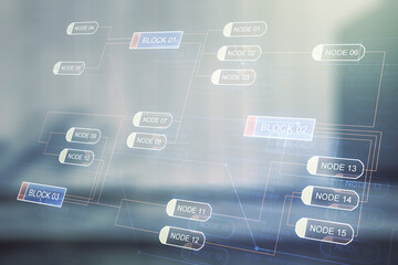 Poster - Abstract virtual coding concept on blurry modern office building background. Multiexposure