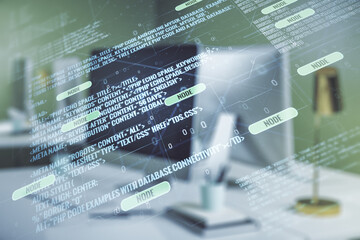 Poster - Multi exposure of abstract programming language hologram on computer background, artificial intelligence and machine learning concept