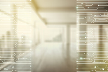 Poster - abstract virtual microscheme illustration on empty corporate office background. big data and databas