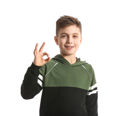 Sticker - Happy little boy showing OK gesture on white background