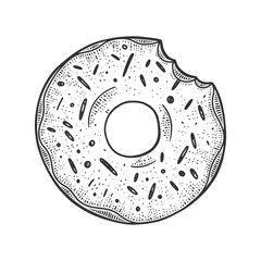 bitten donut sketch engraving vector illustration. T-shirt apparel print design. Scratch board imitation. Black and white hand drawn image.