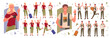 People travel poses set, young tourist woman man traveling with luggage, walking