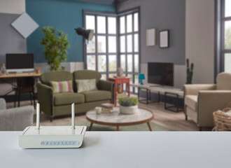 Wall Mural - Close up modem box on the table, decorative home concept technological tool background style.